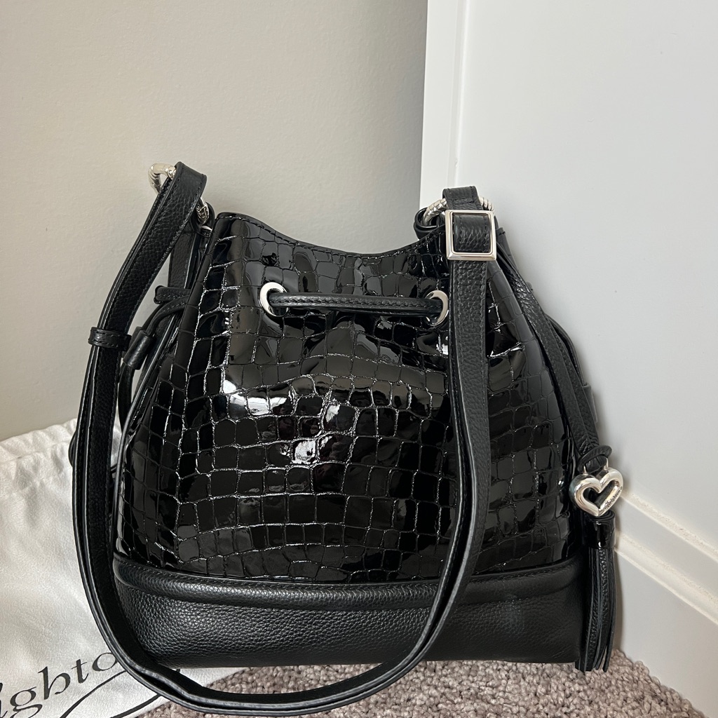 Nwt Brighton Christa Black Patent Leather Croc-Embossed Bucket Bag
